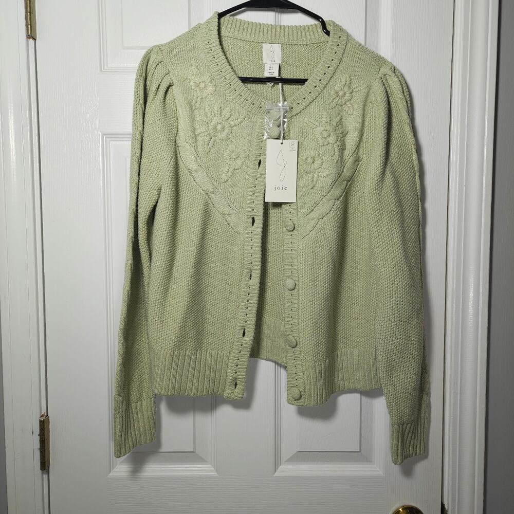 Joie Sage Green Embroidered Floral Puff Sleeve Knit Cardigan Sweater Size S